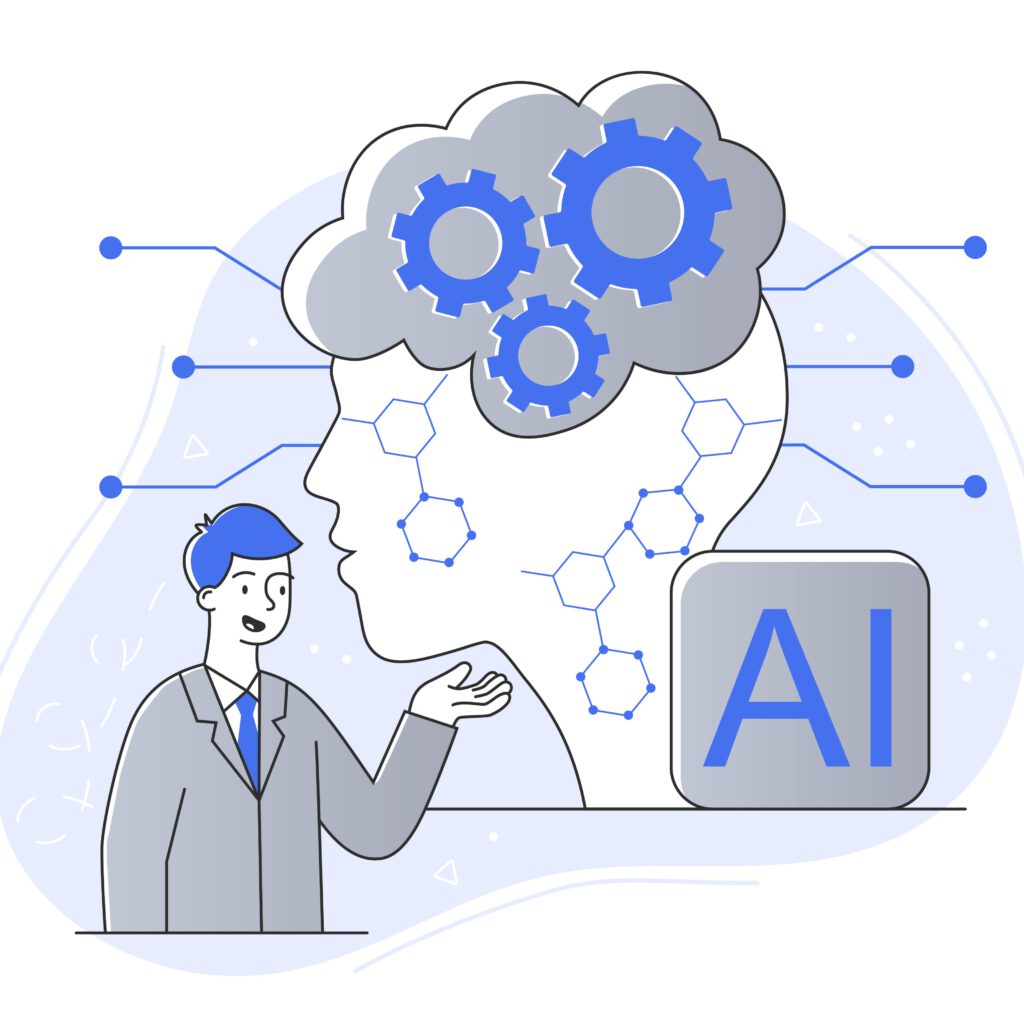 人工知能と機械学習のコンセプトを表すイラスト。頭脳の中に歯車が回ると共に、AIテクノロジーのアイコンが隣に表示されています。