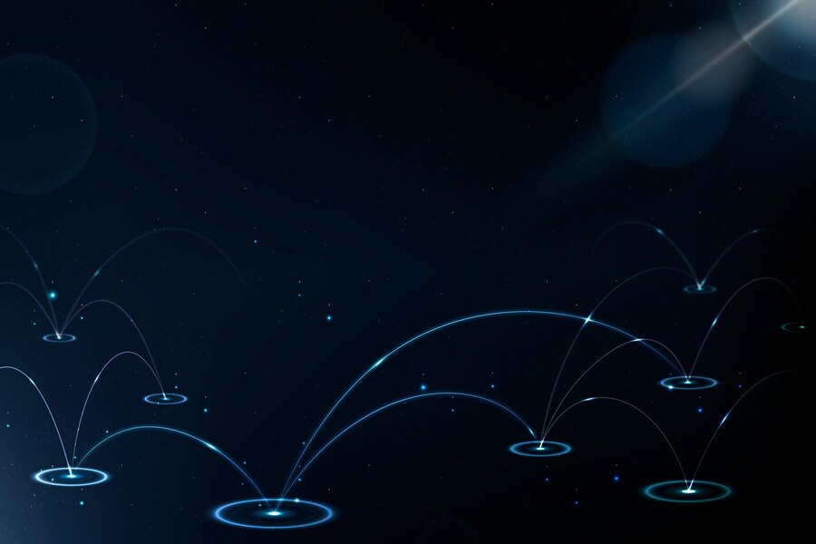 ネットワーク接続とデータ伝送を象徴するダークな背景に浮かぶ青い光のアーク。
