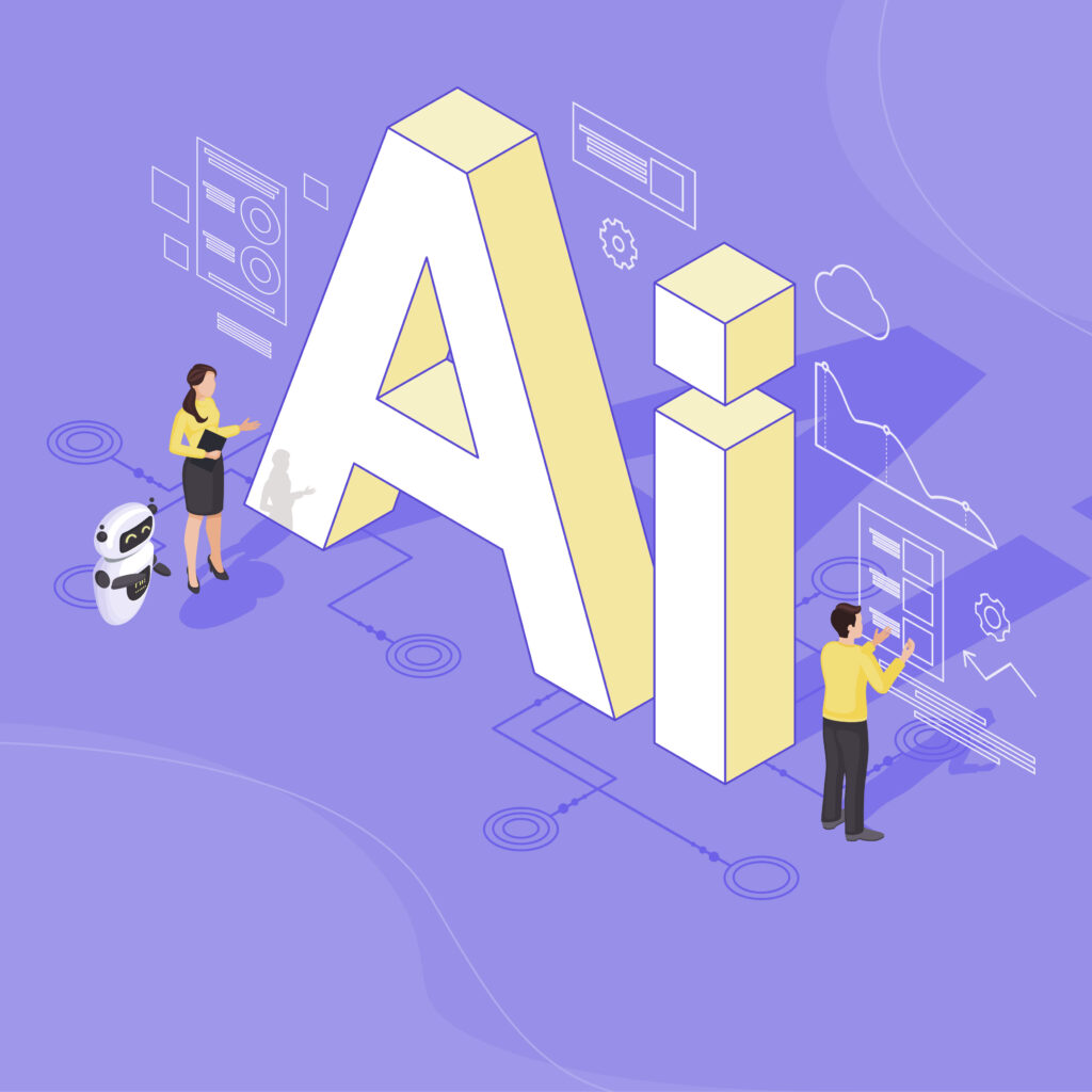 AI技術とイノベーションを象徴するイラスト。巨大な「AI」の文字と、それを操作する人々、及びロボットが描かれています。