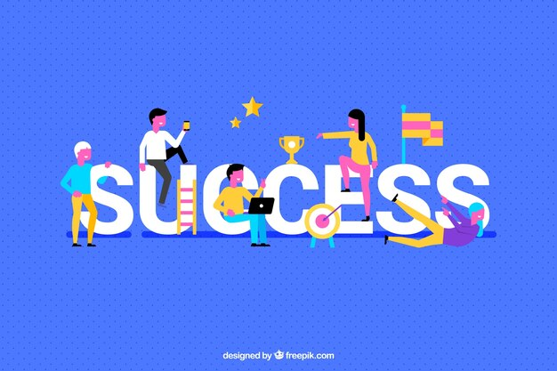 成功を表現するイラスト。異なる人々が目標達成のために協力し、トロフィーや星が飾られた「SUCCESS」という単語の大きな文字が特徴です。