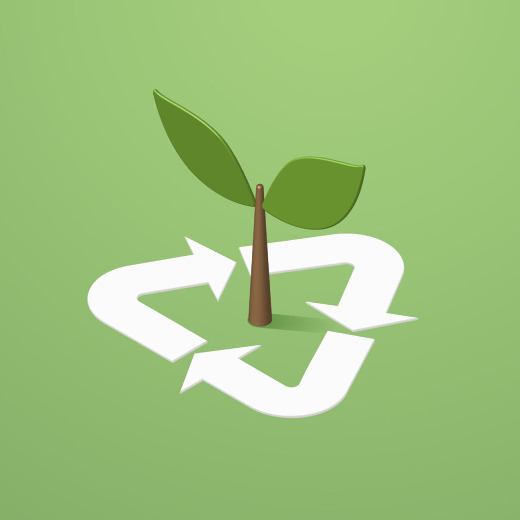 再生可能エネルギーと持続可能性のコンセプト、若い植物の成長とリサイクルシンボル