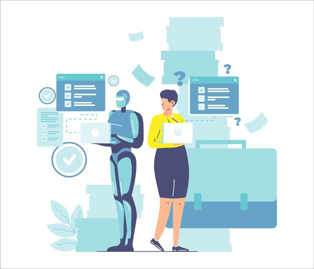 人間とAIの共同作業を表現したイラスト：ロボットとビジネスウーマンが共にコンピュータで作業。