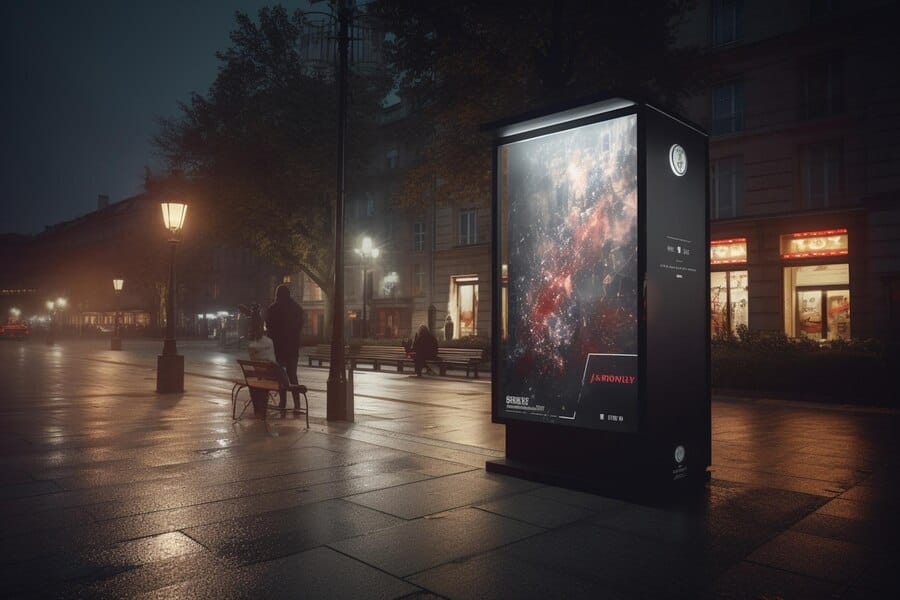 夜の街並みで光るデジタル広告のポスター、デジタルアウトオブホーム広告の効果測定と戦略的な設計を象徴するビジュアル