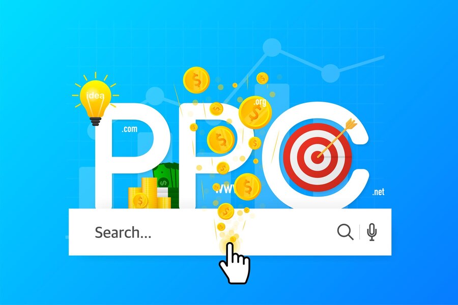 PPC広告と検索エンジンマーケティング、キーワードターゲティングを示すウェブ検索バーのイラスト