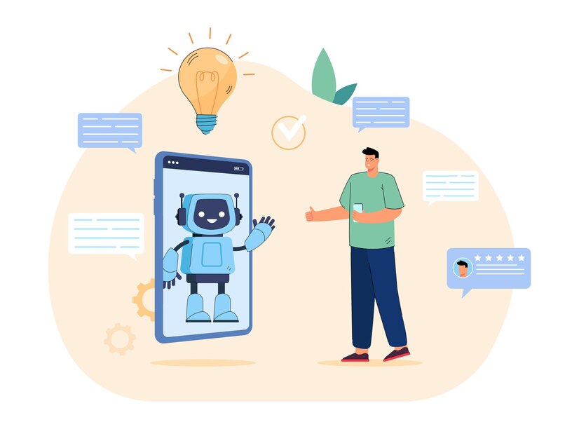 スマートフォンの画面に表示される挨拶するロボットと、アイデアの電球を思いつく人物を描いたイラスト