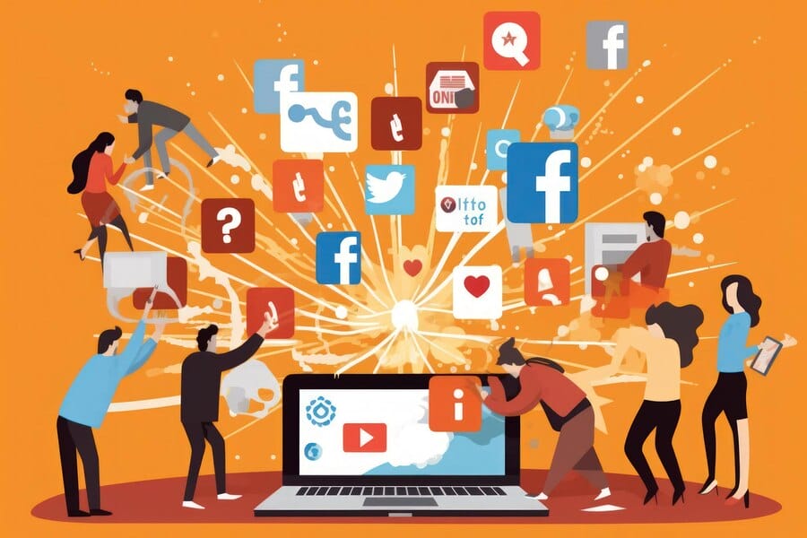 ソーシャルメディアのシンボルが飛び出るラップトップと活発に動く人々、効果的なオンラインコミュニケーション戦略
