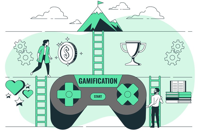 ゲーム化戦略を示す緑色と白色のコントローラーとビジネス要素
