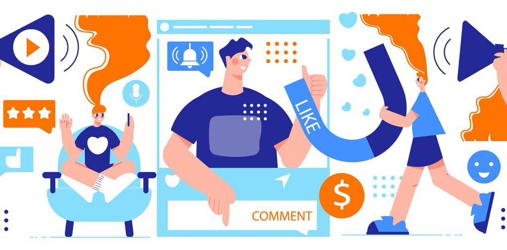 デジタルマーケティングのインフルエンサーがソーシャルメディアでのエンゲージメントを促進しているイラスト。マイクロターゲティングの視覚表現。