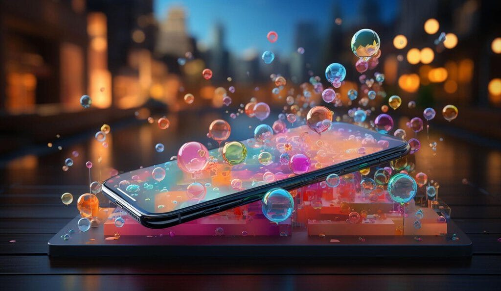 スマートフォンから立ち上がるカラフルな泡、オンラインフードオーダーの楽しいユーザー体験を象徴するイメージ