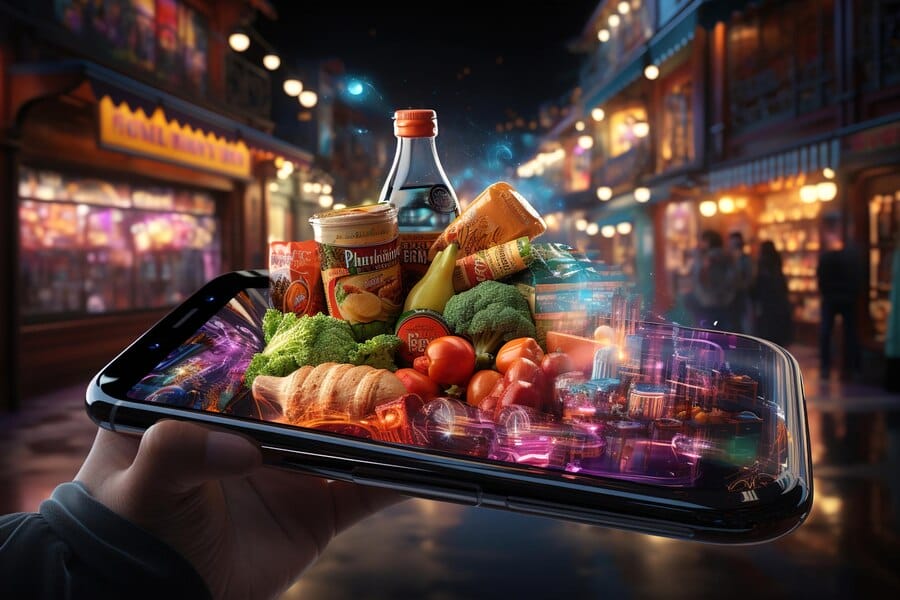 食品と市場の情景が融合したスマートフォン画面、フードデリバリーサービスのターゲットマーケティングの成功事例分析