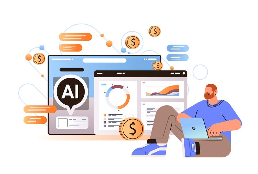 AI技術を駆使したプログラマティック広告の分析を行いながら作業する男性のイラスト、効率的な広告投資のイメージ