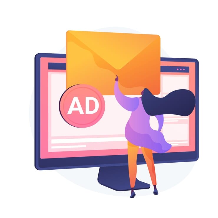 AIを活用した広告キャンペーンの管理を行う女性のイラスト、プログラムによる自動配信が特徴