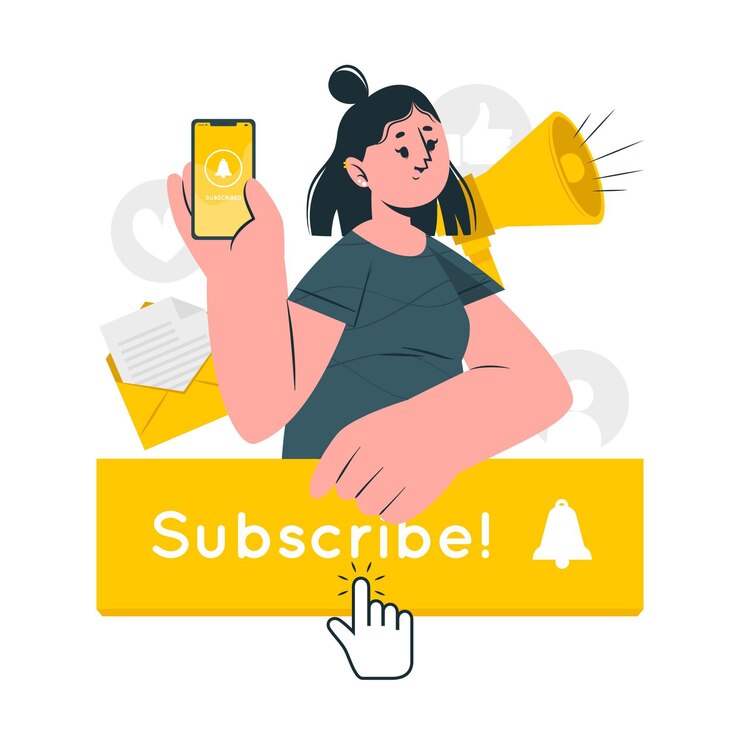 ユーザーエンゲージメントとサブスクリプションを促すイラスト。大きなメガホンを持ち、スマートフォンを示す女性が「Subscribe!」というボタンを指さす。