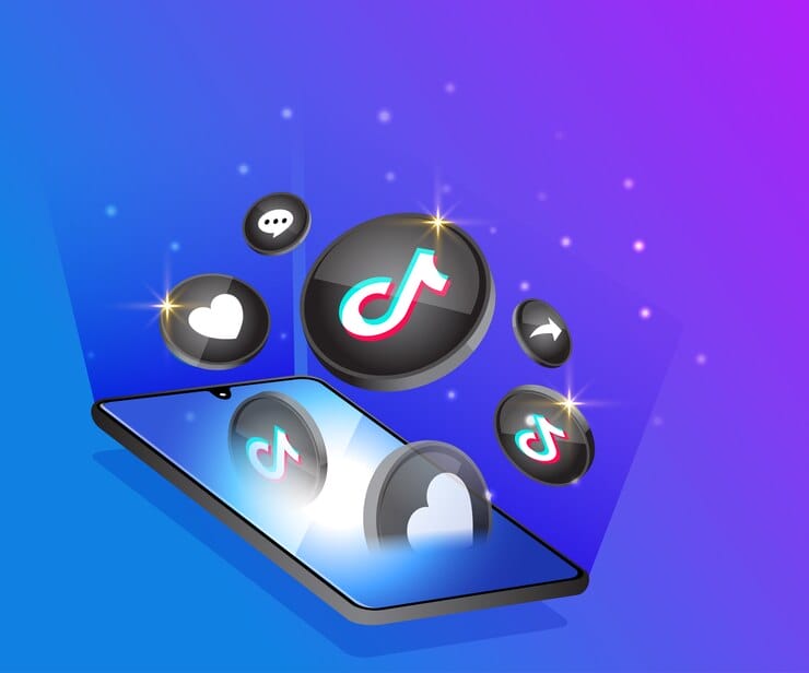 スマートフォン画面から浮かび上がるTikTokアイコンのイラスト、新時代のビジュアルB2Bマーケティングとエンゲージメント戦略を表現
