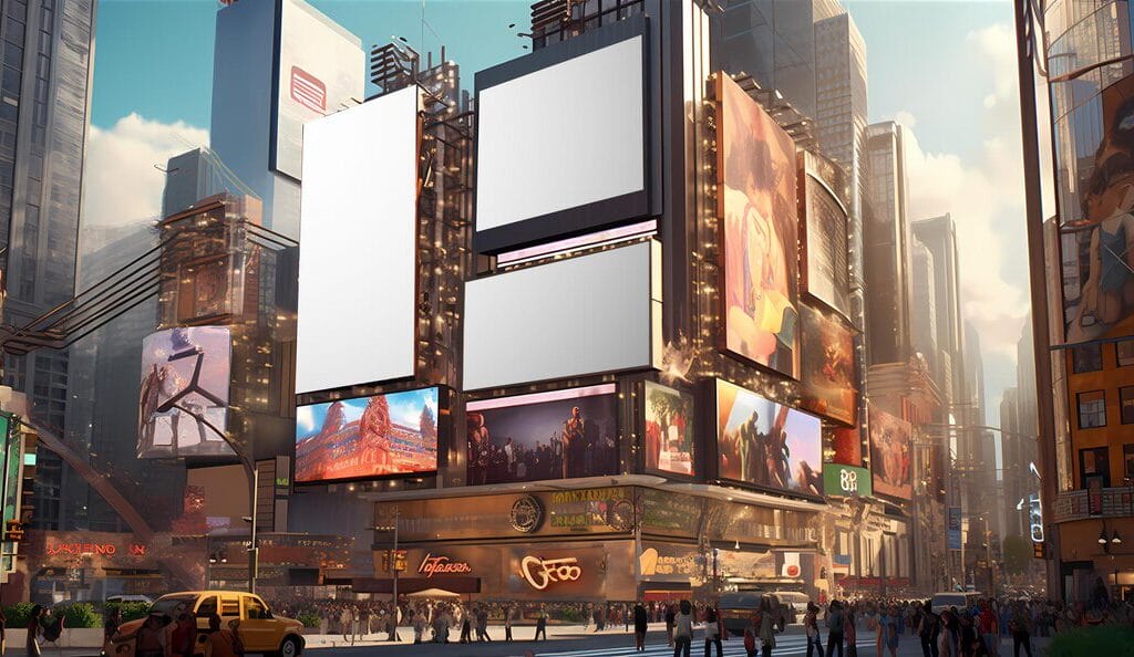 繁華街に複数の大型デジタル広告スクリーンが輝く、DOOH広告の分析とターゲットマーケティングの展開を示す風景