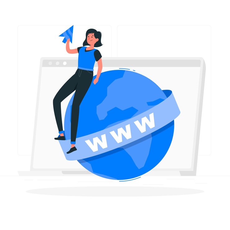 グローバルウェブアクセス、巨大な地球儀とウェブブラウザを持つ女性のイラスト