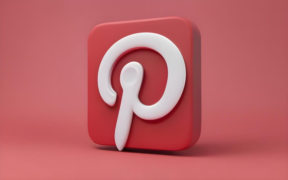 Pinterestアイコンの3Dレンダリング、マーケティング戦略の視覚化を表現した画像
