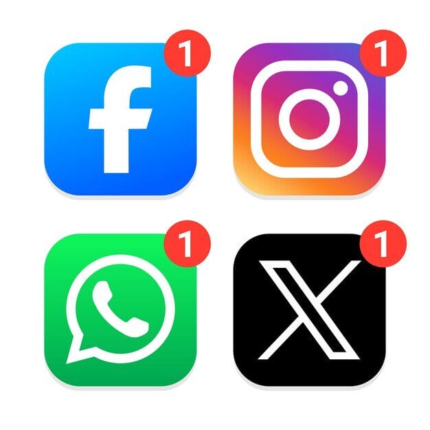 通知アイコン付きのソーシャルメディアアプリのシンボル集、ソーシャルメディア広告のキャンペーン分析の重要性を象徴する画像