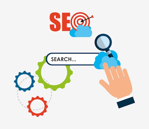 検索エンジン最適化のプロセスを示すイラスト、ターゲットと検索バーが特徴